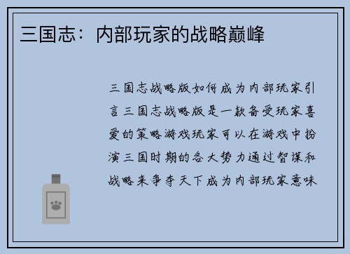 三国志：内部玩家的战略巅峰